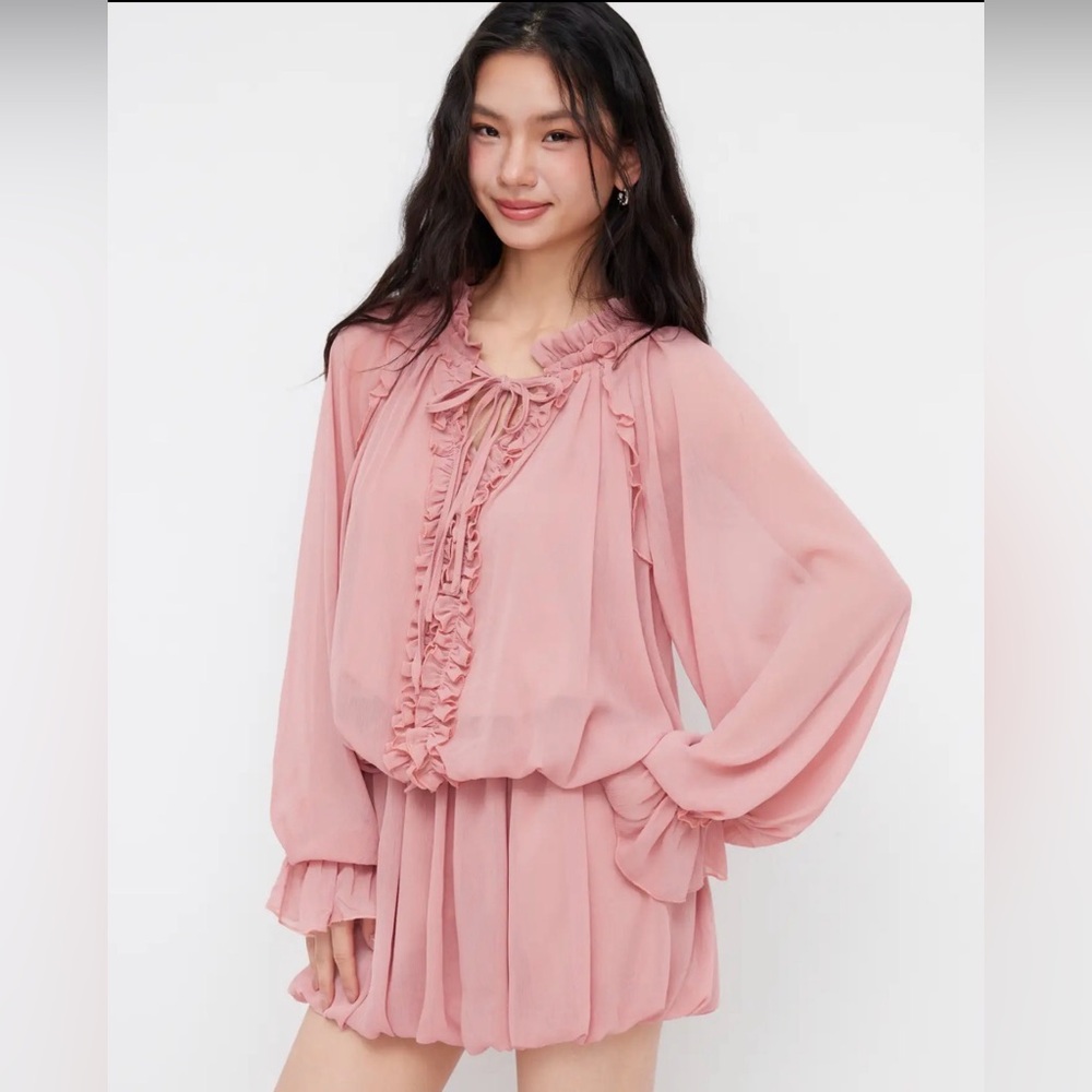 Cider CHIFFON HIGH NECK LETTUCE TRIM KNOTTED RUFFLE MINI DRESS XL CC2-9